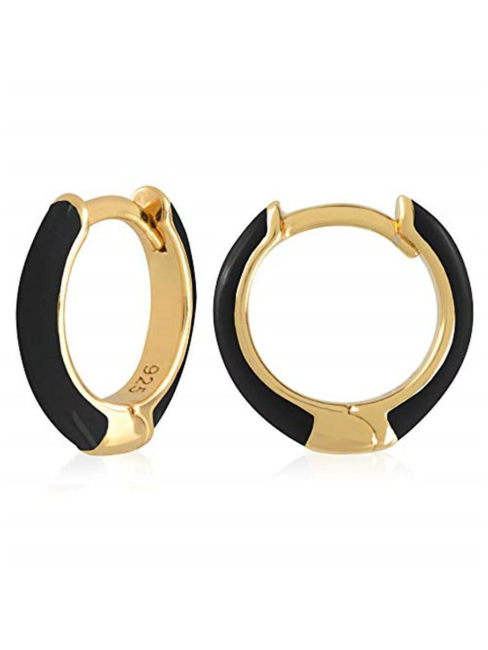 14K Gold Plated Sterling Silver Huggie Hoop Earrings Black Enamel Mini Hoops